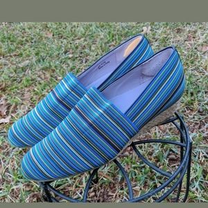 SAS "Becky" Blue Striped Canvas Espadrille Wedges